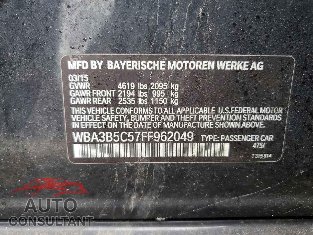 BMW 3 SERIES 2015 - WBA3B5C57FF962049