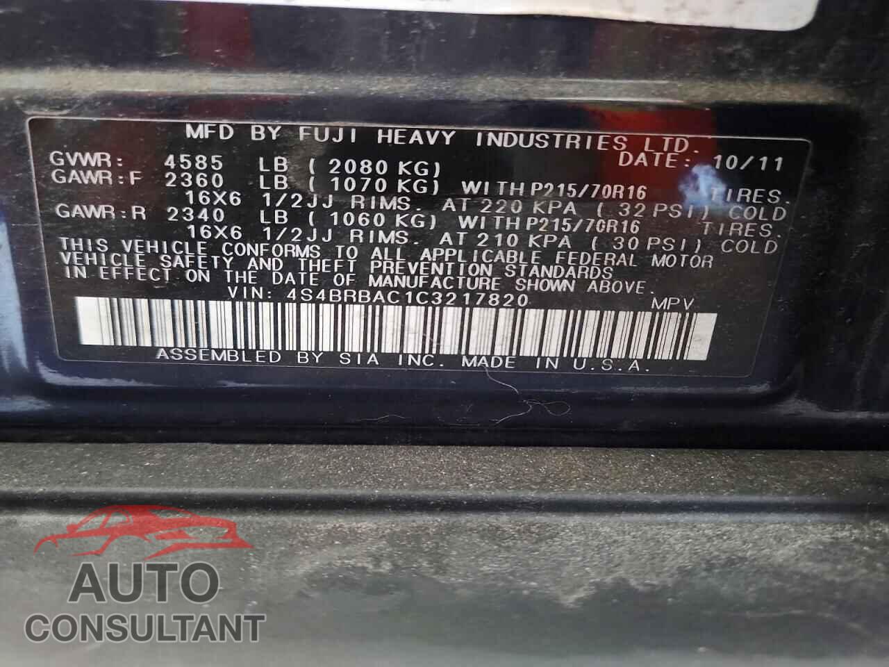 SUBARU OUTBACK 2012 - 4S4BRBAC1C3217820