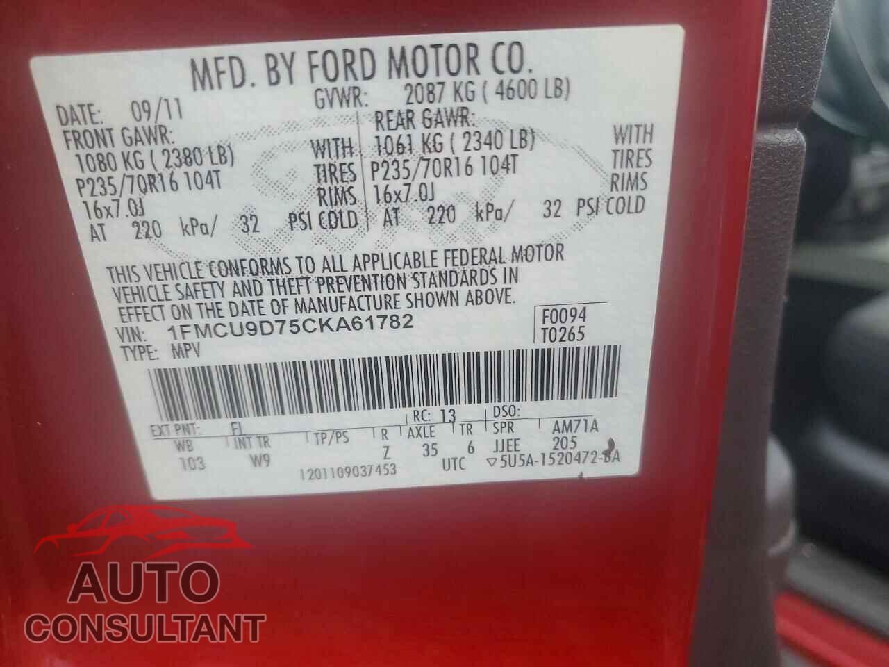 FORD ESCAPE 2012 - 1FMCU9D75CKA61782