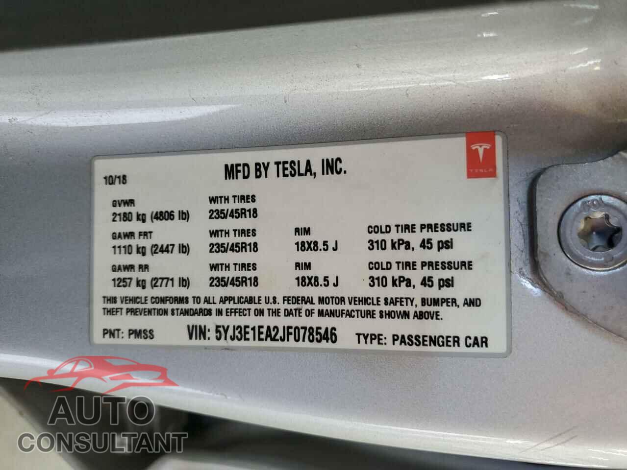 TESLA MODEL 3 2018 - 5YJ3E1EA2JF078546
