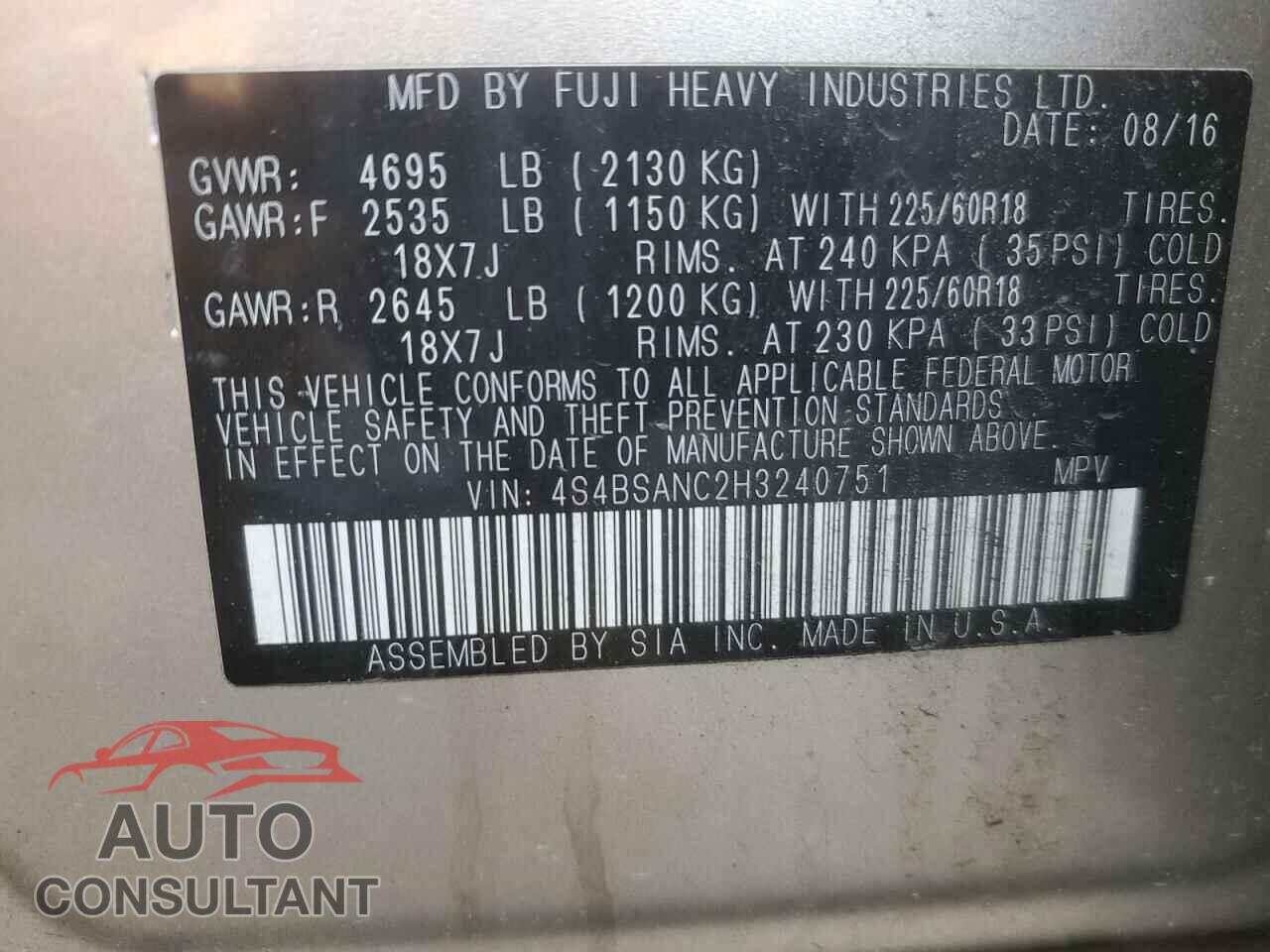 SUBARU OUTBACK 2017 - 4S4BSANC2H3240751