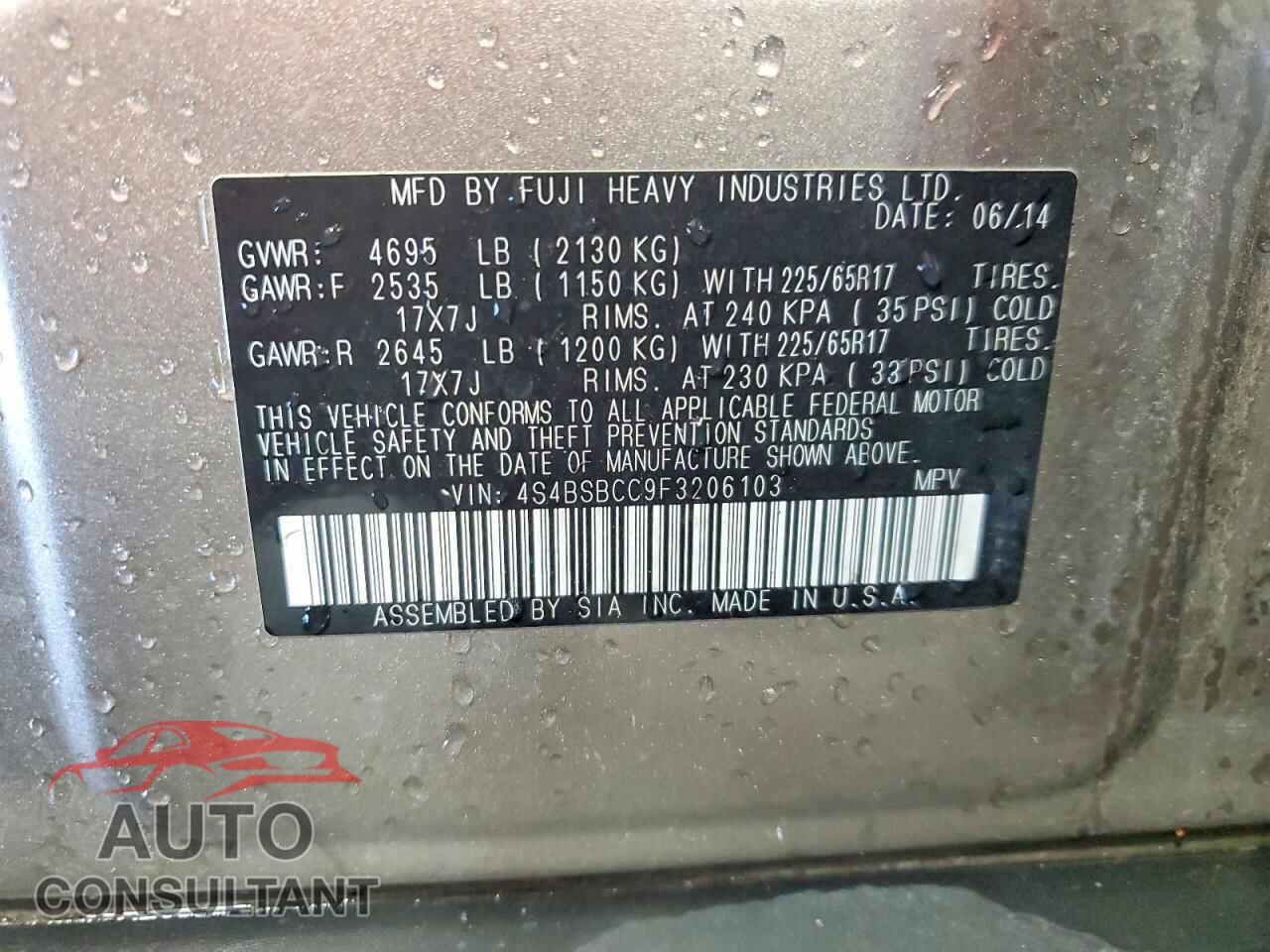 SUBARU OUTBACK 2015 - 4S4BSBCC9F3206103