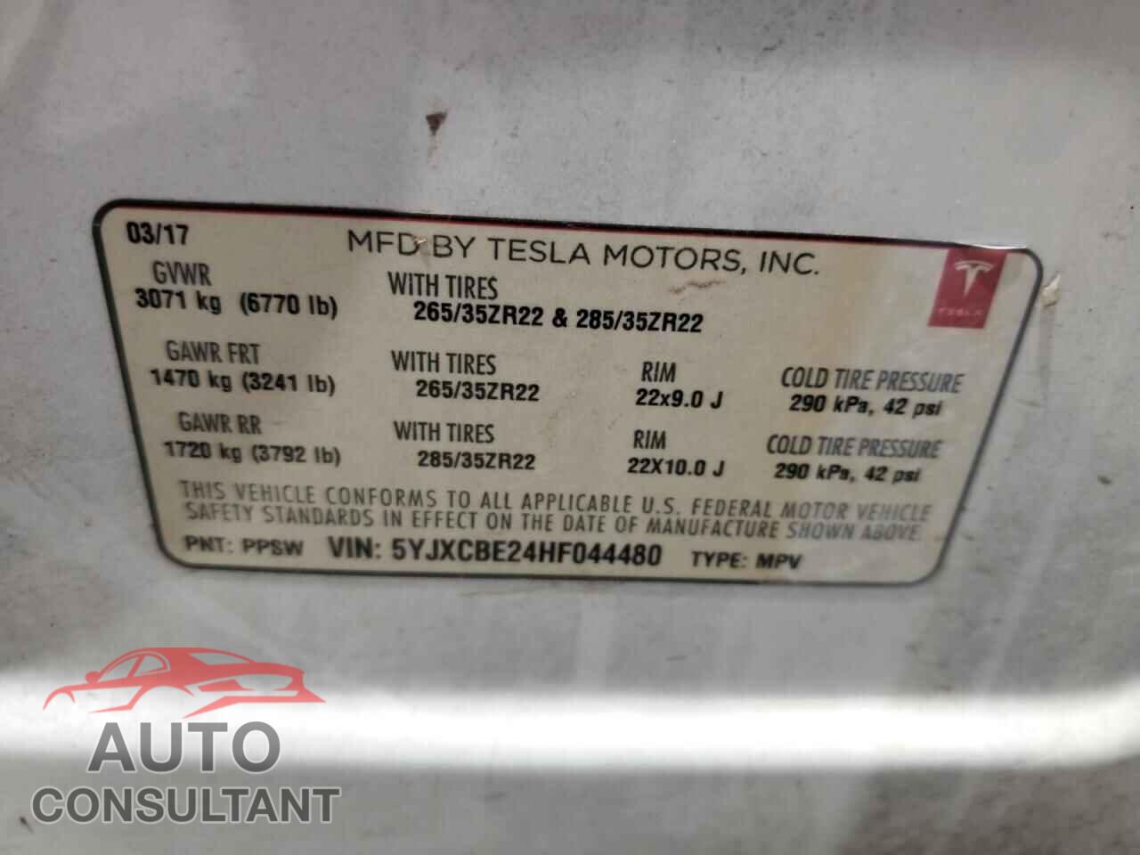 TESLA MODEL X 2017 - 5YJXCBE24HF044480