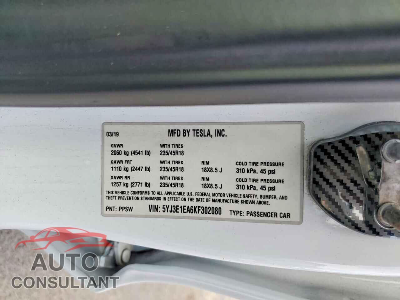 TESLA MODEL 3 2019 - 5YJ3E1EA6KF302080