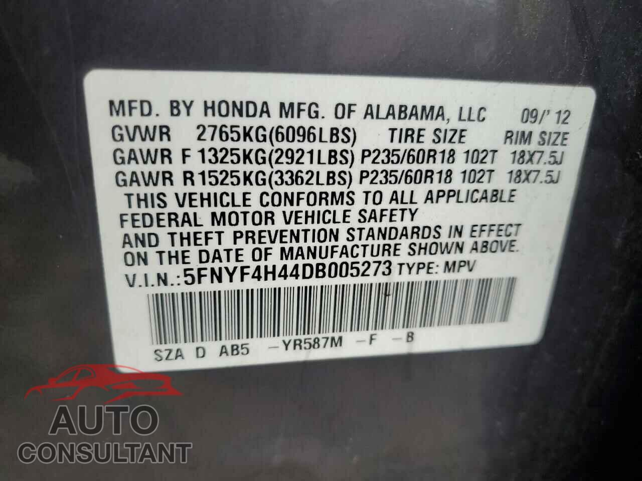 HONDA PILOT 2013 - 5FNYF4H44DB005273