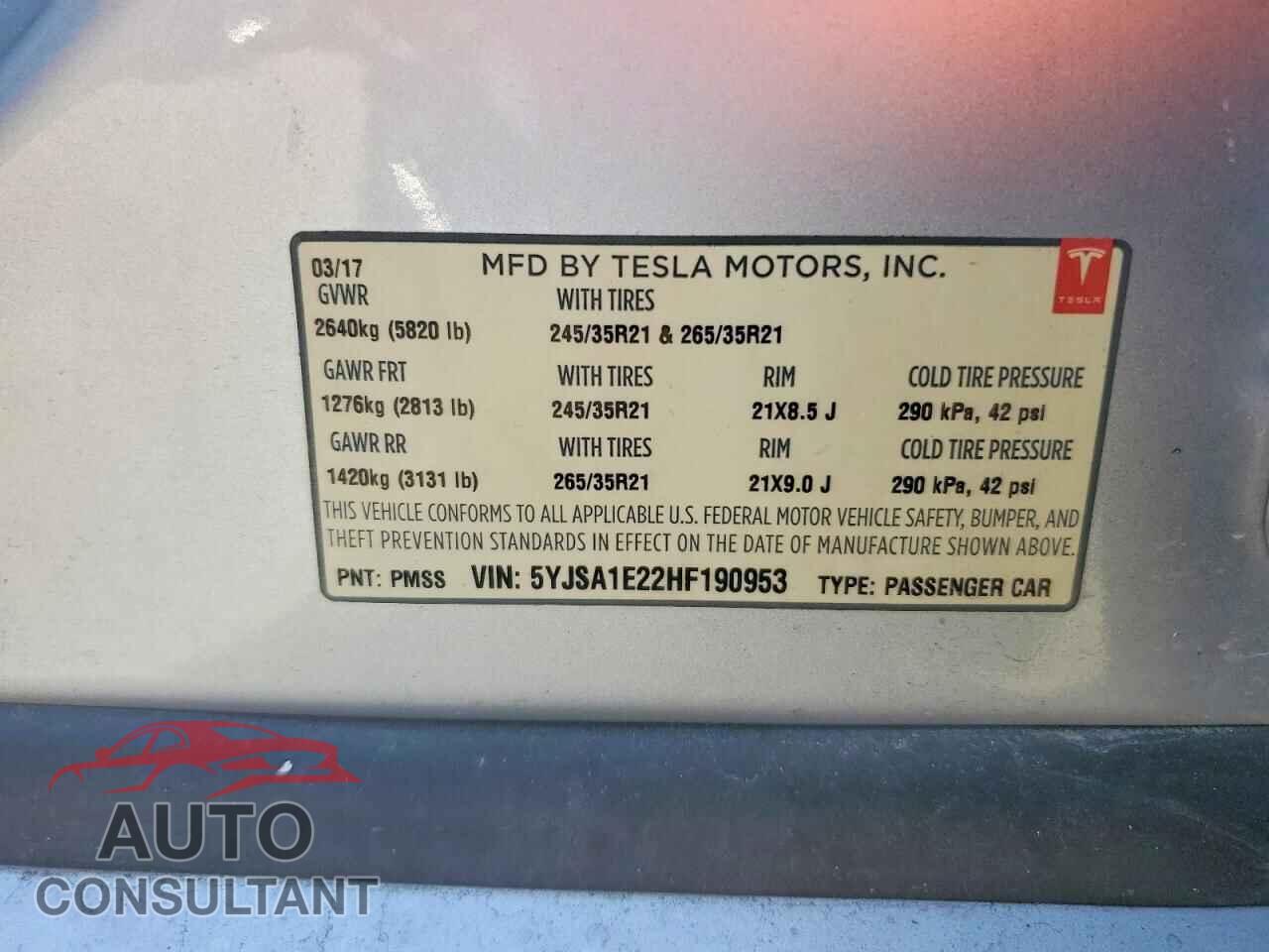 TESLA MODEL S 2017 - 5YJSA1E22HF190953