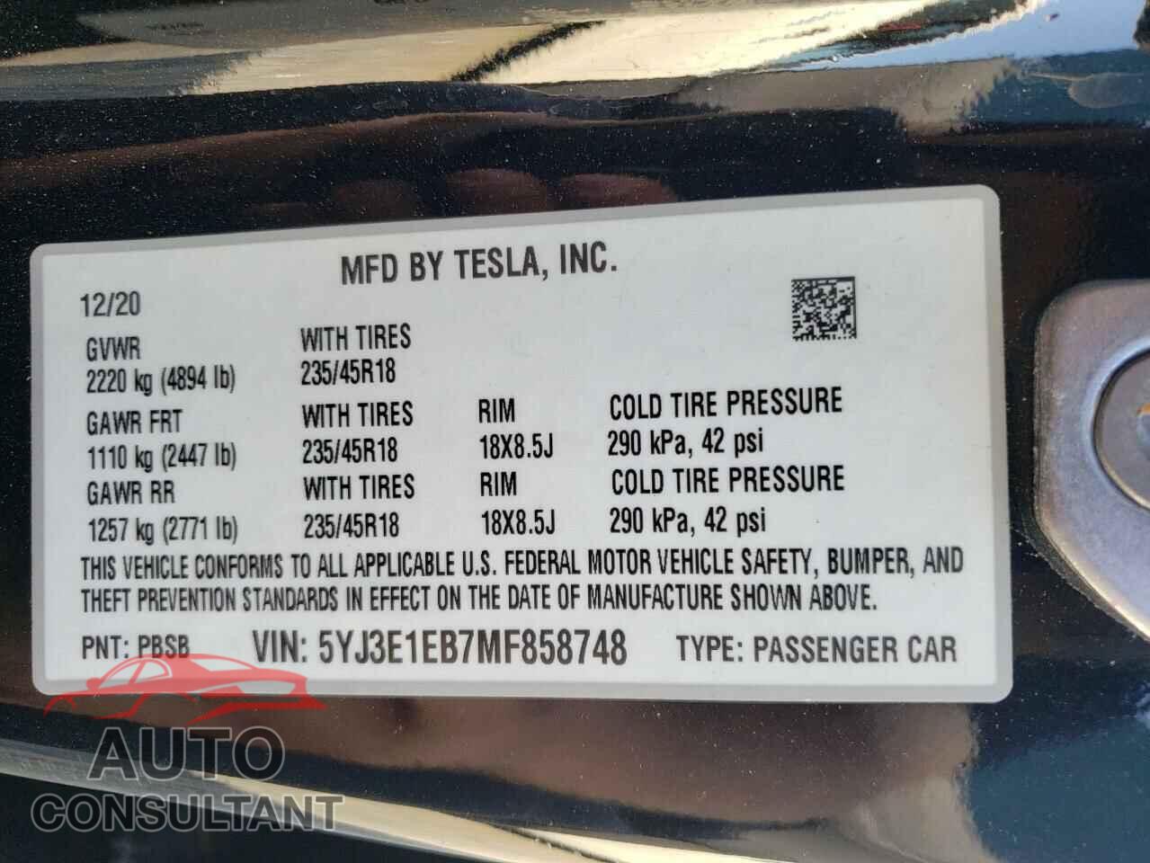 TESLA MODEL 3 2021 - 5YJ3E1EB7MF858748