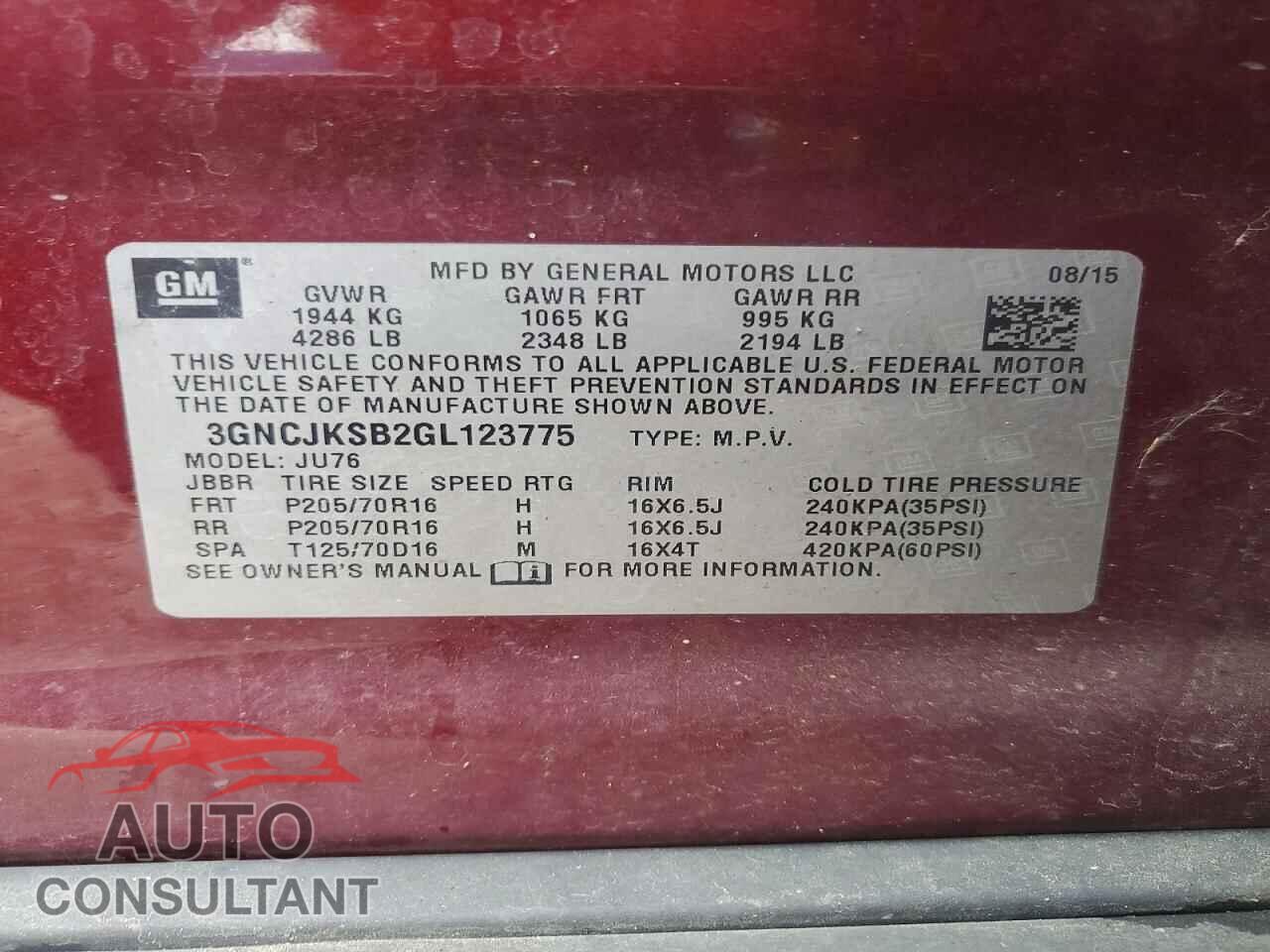 CHEVROLET TRAX 2016 - 3GNCJKSB2GL123775