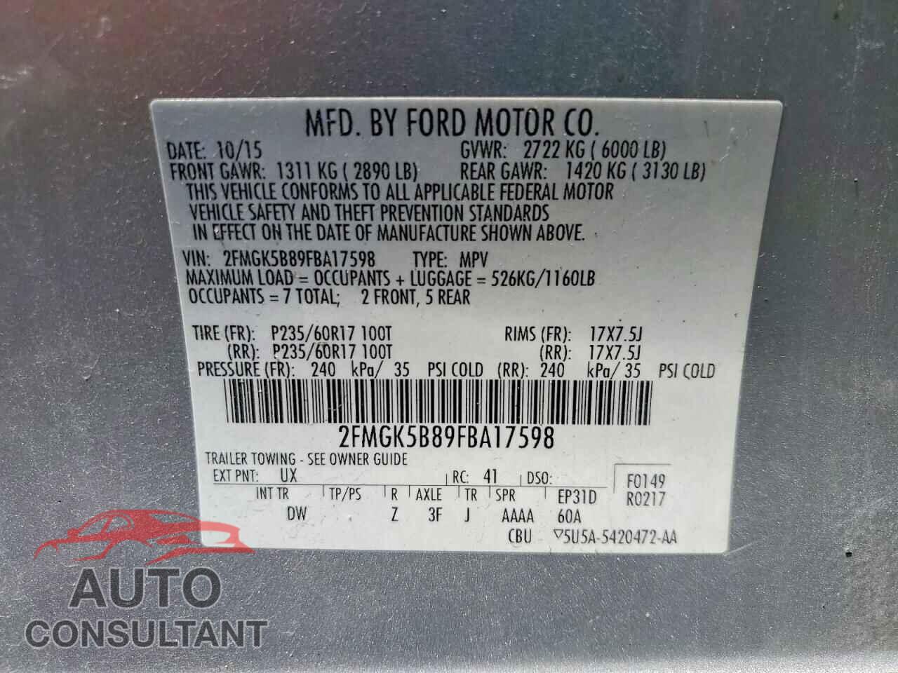 FORD FLEX 2015 - 2FMGK5B89FBA17598