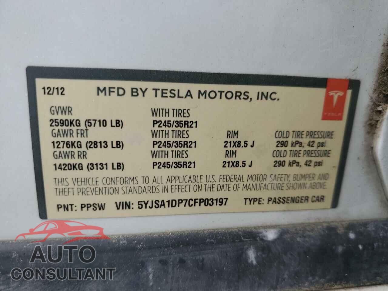 TESLA MODEL S 2012 - 5YJSA1DP7CFP03197
