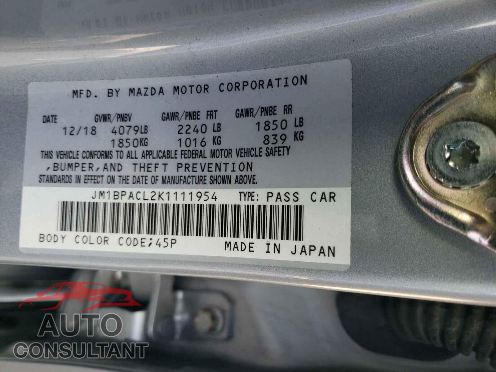 MAZDA 3 2019 - JM1BPACL2K1111954