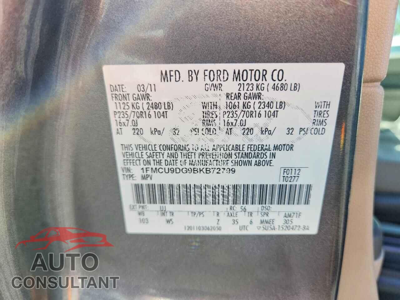 FORD ESCAPE 2011 - 1FMCU9DG9BKB72799