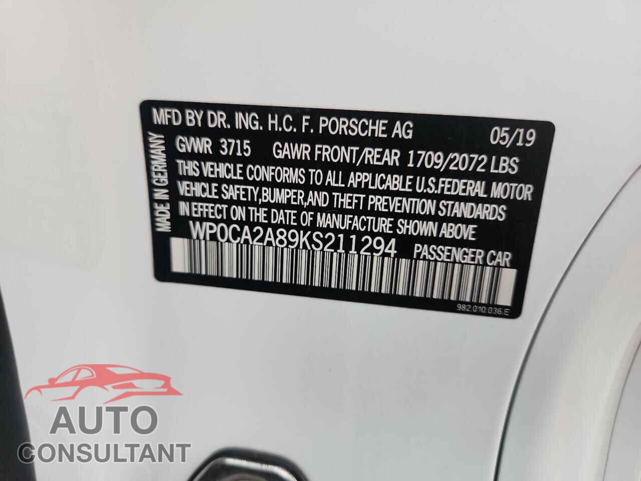 PORSCHE BOXSTER 2019 - WP0CA2A89KS211294