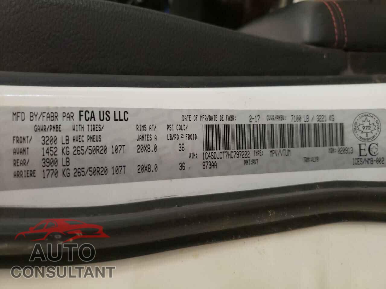 DODGE DURANGO 2017 - 1C4SDJCT7HC797222