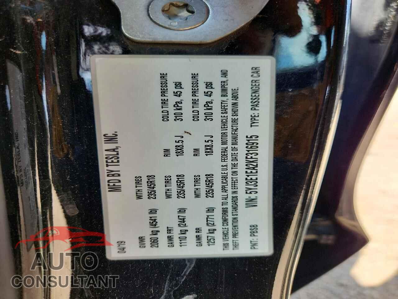 TESLA MODEL 3 2019 - 5YJ3E1EA2KF316915