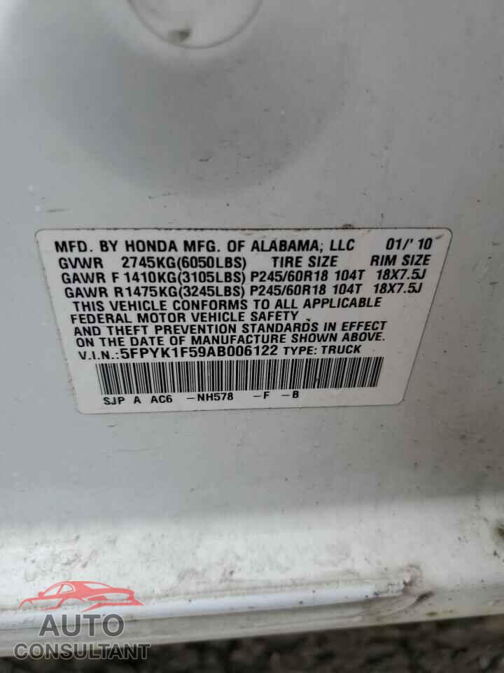 HONDA RIDGELINE 2010 - 5FPYK1F59AB006122