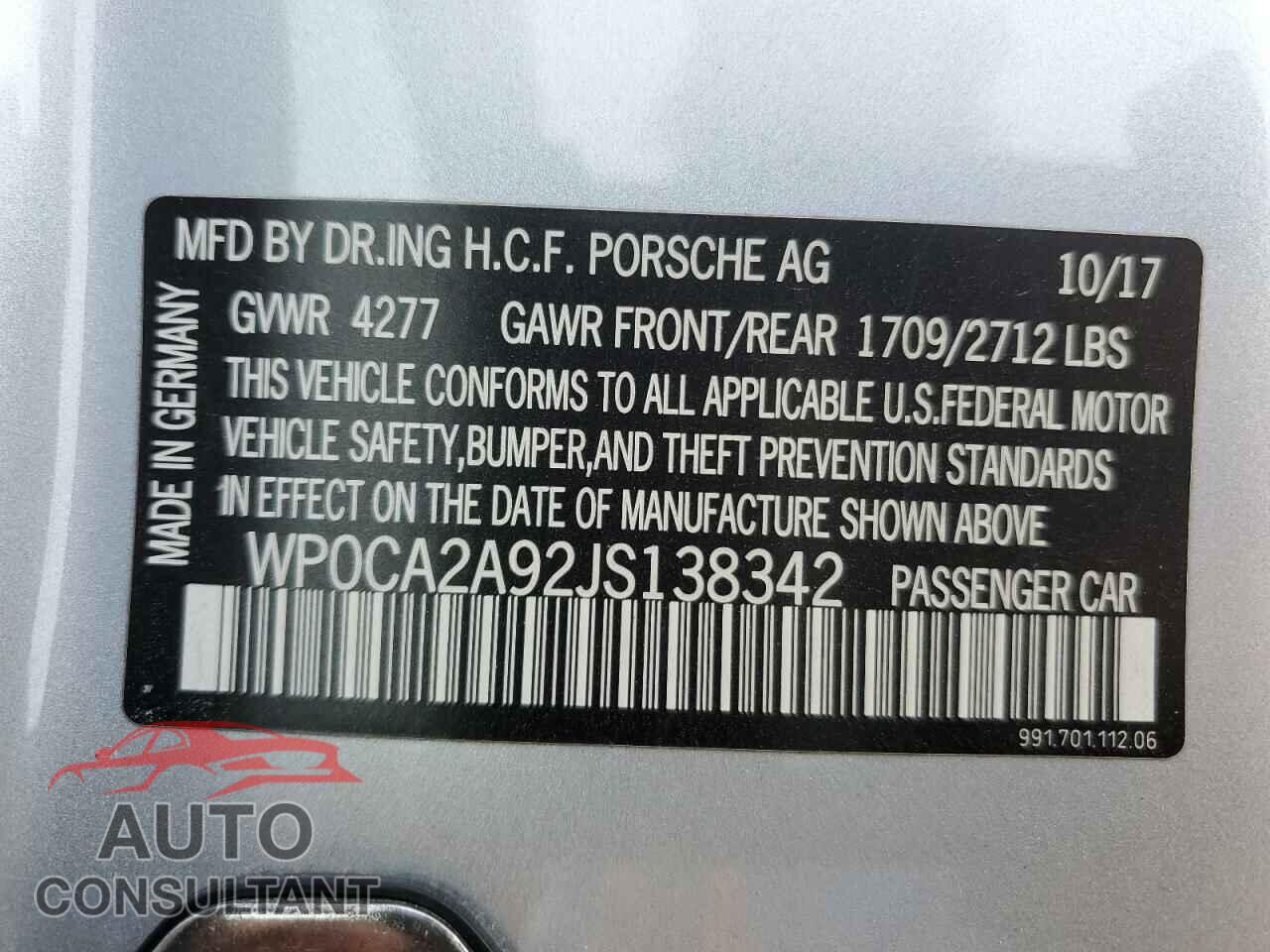 PORSCHE 911 2018 - WP0CA2A92JS138342