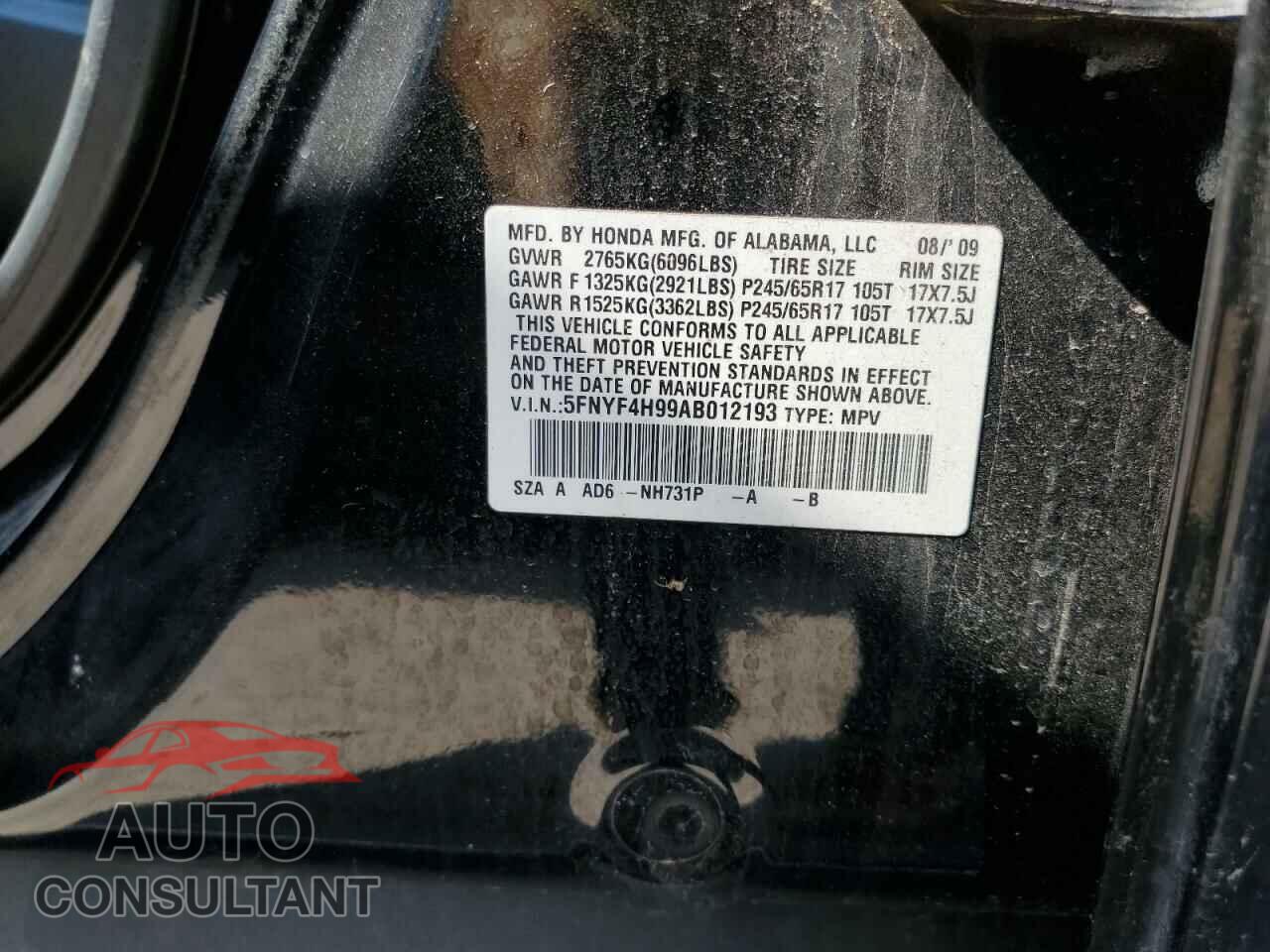 HONDA PILOT 2010 - 5FNYF4H99AB012193
