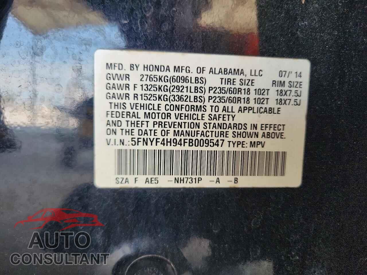 HONDA PILOT 2015 - 5FNYF4H94FB009547