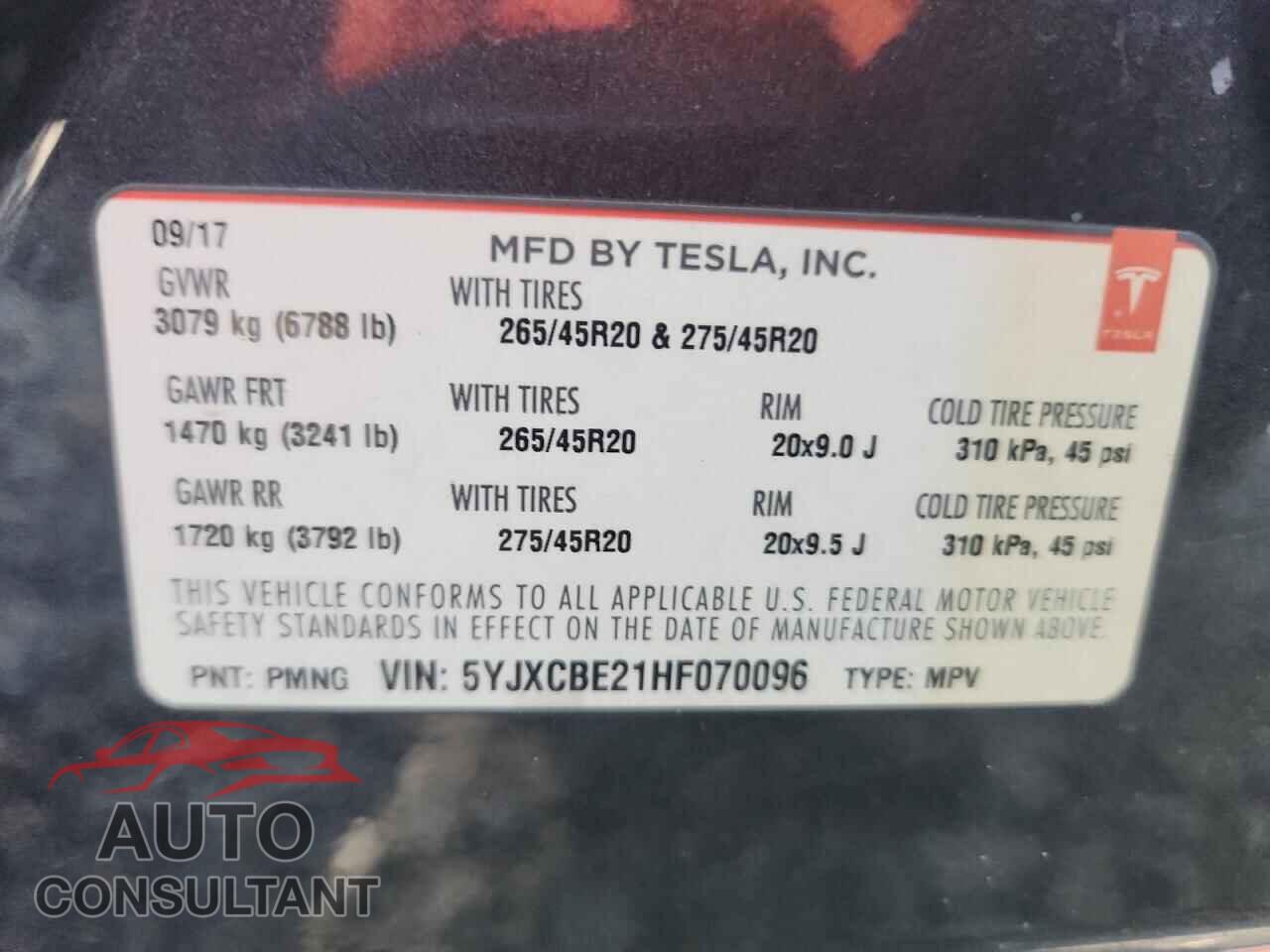 TESLA MODEL X 2017 - 5YJXCBE21HF070096