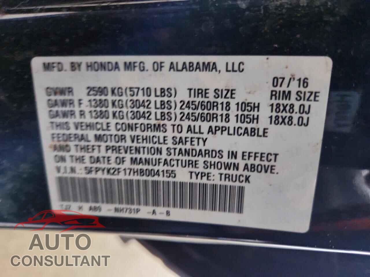 HONDA RIDGELINE 2017 - 5FPYK2F17HB004155