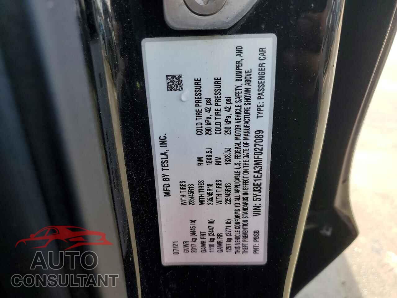 TESLA MODEL 3 2021 - 5YJ3E1EA3MF027089