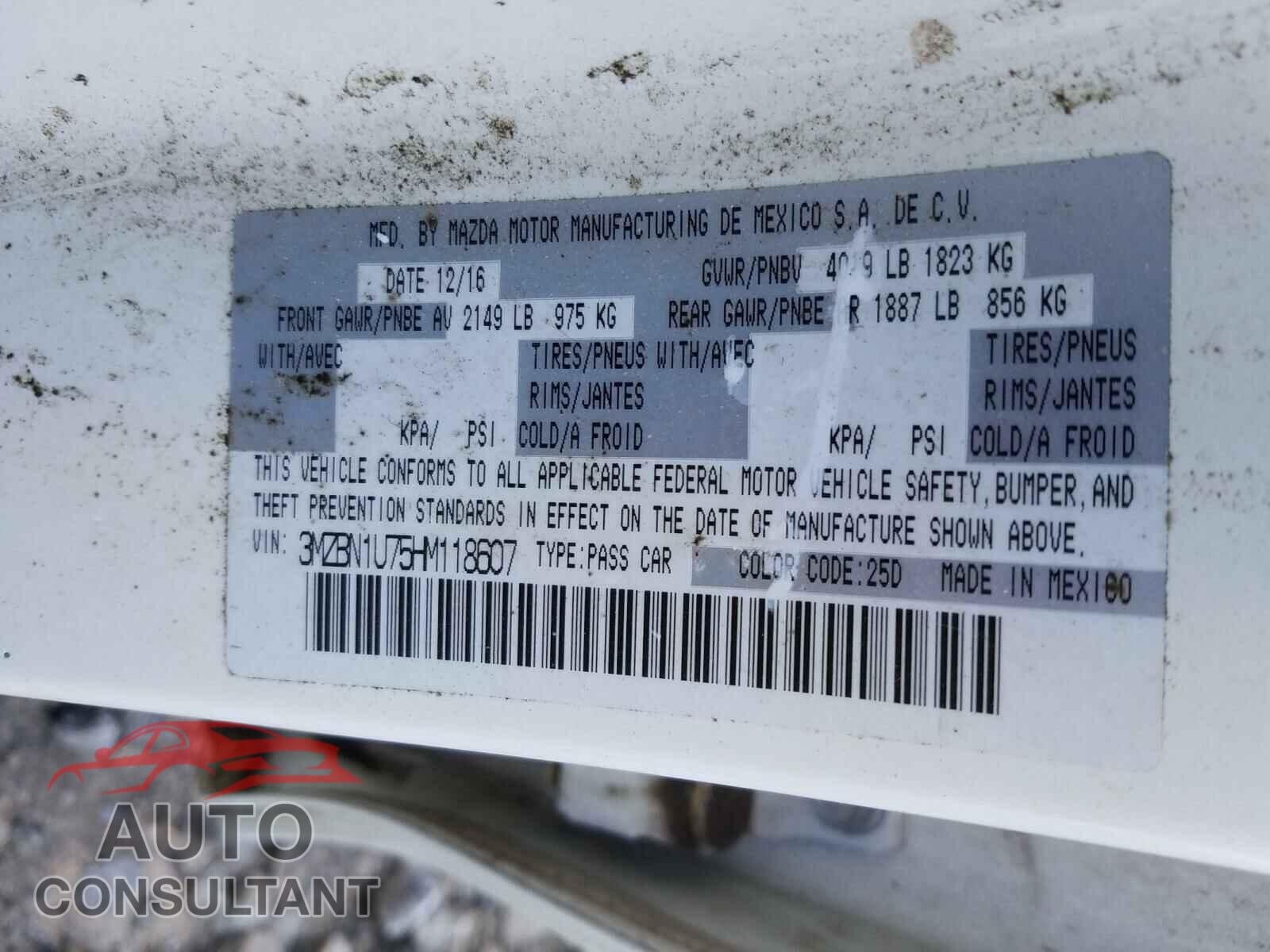 MAZDA 3 2017 - 3MZBN1U75HM118607