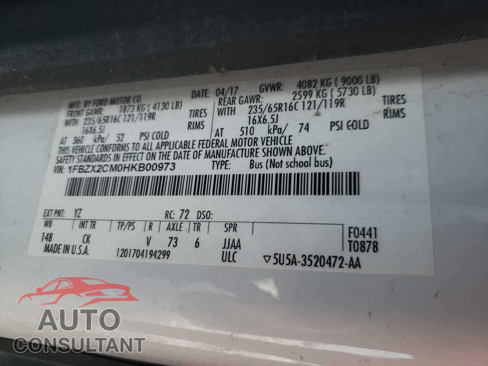 FORD TRANSIT CO 2017 - 1FBZX2CM0HKB00973