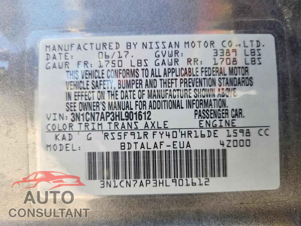 NISSAN VERSA 2017 - 3N1CN7AP3HL901612