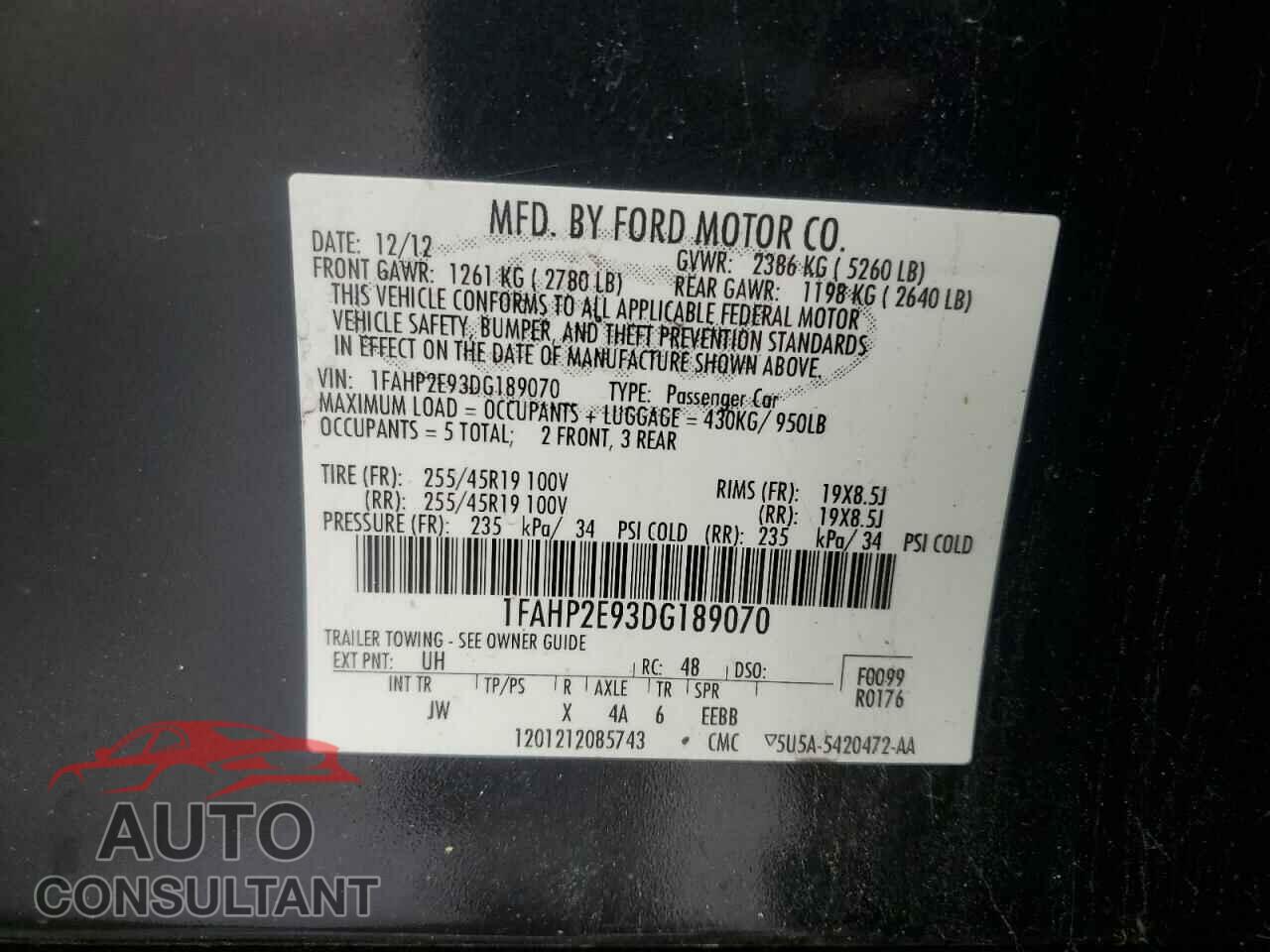 FORD TAURUS 2013 - 1FAHP2E93DG189070