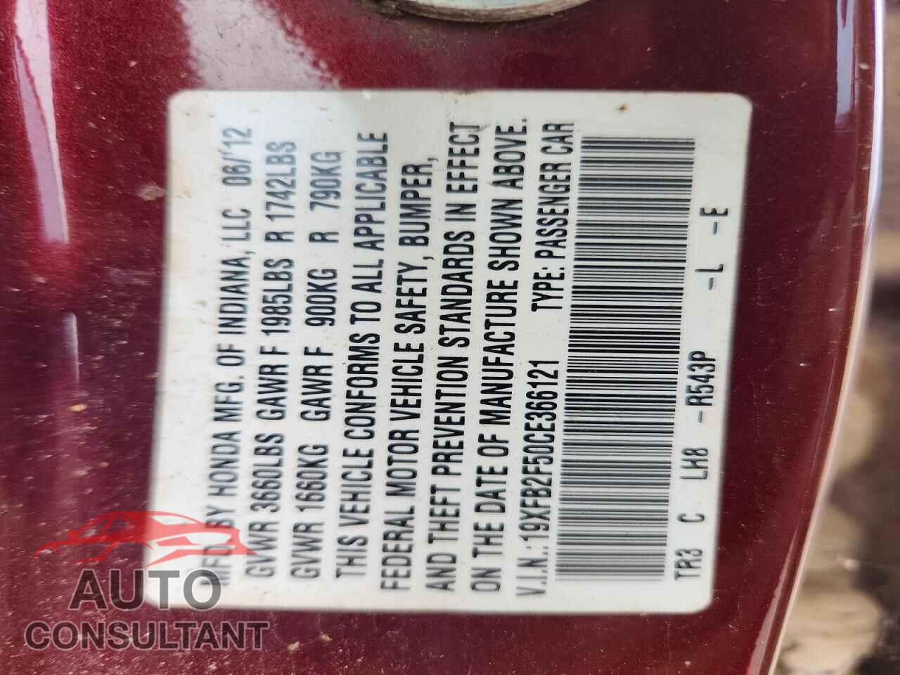 HONDA CIVIC 2012 - 19XFB2F50CE366121