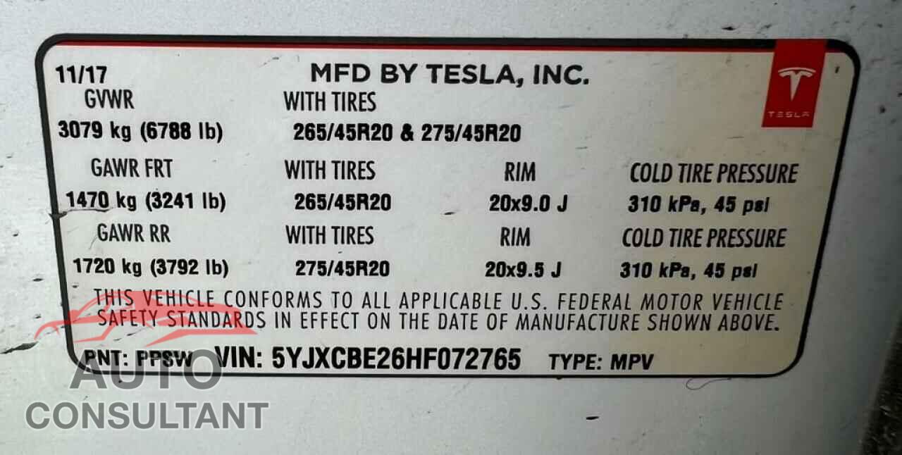 TESLA MODEL X 2017 - 5YJXCBE26HF072765