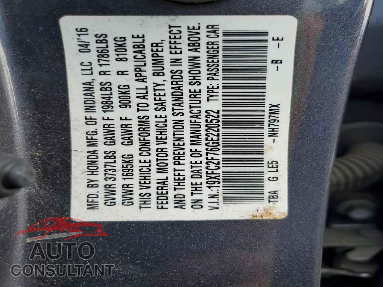 HONDA CIVIC 2016 - 19XFC2F76GE220522