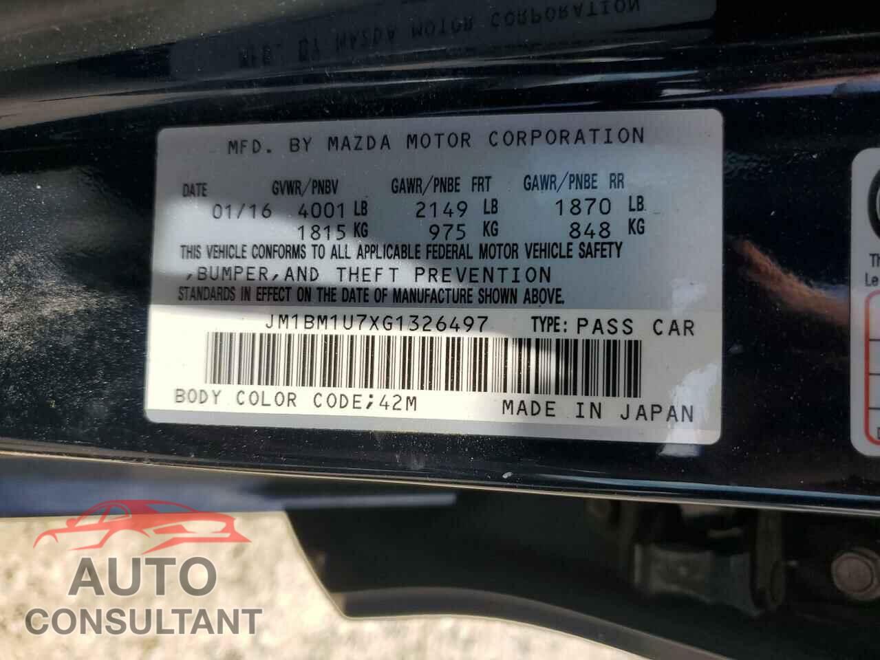 MAZDA 3 2016 - JM1BM1U7XG1326497