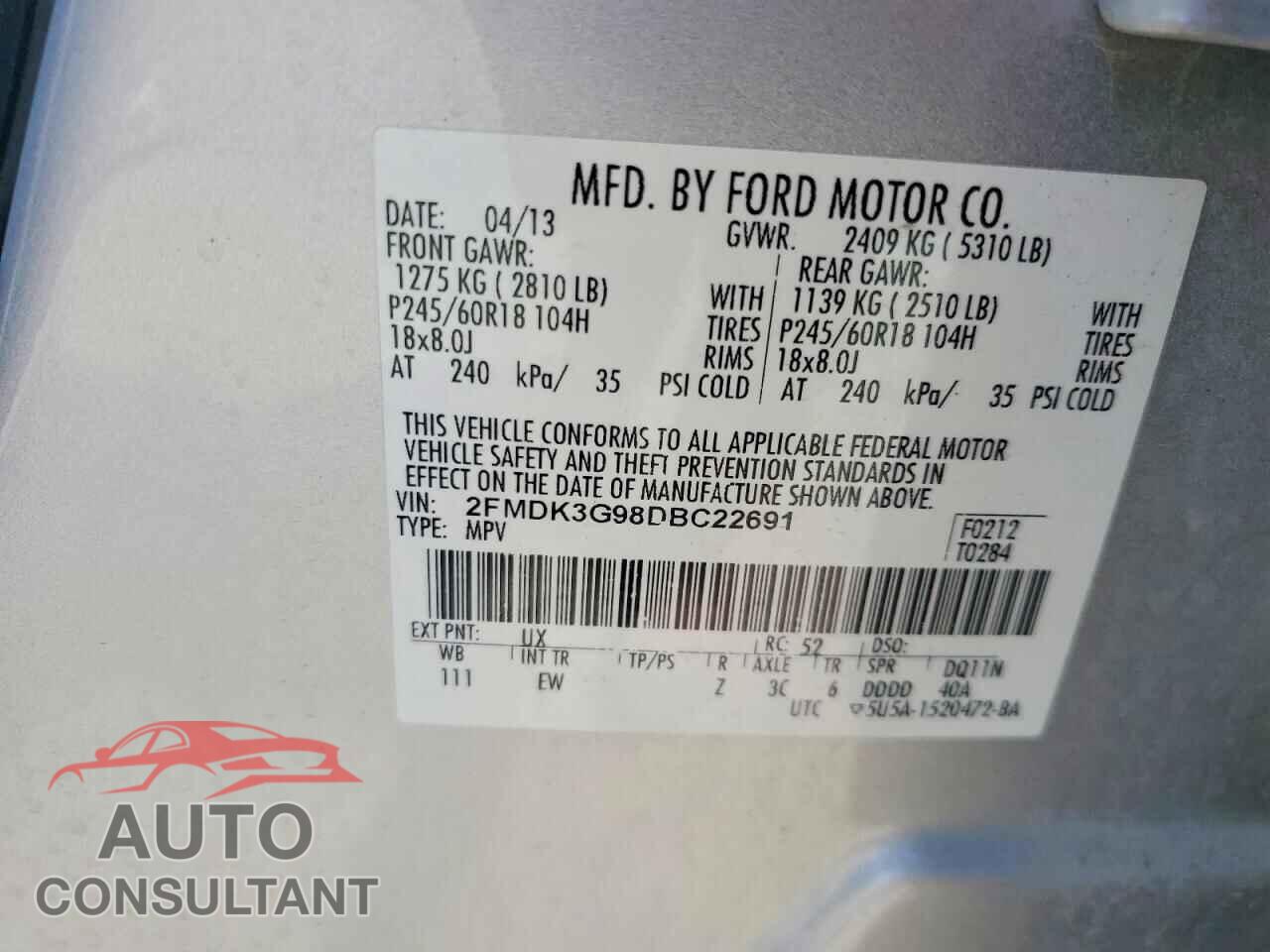 FORD EDGE 2013 - 2FMDK3G98DBC22691