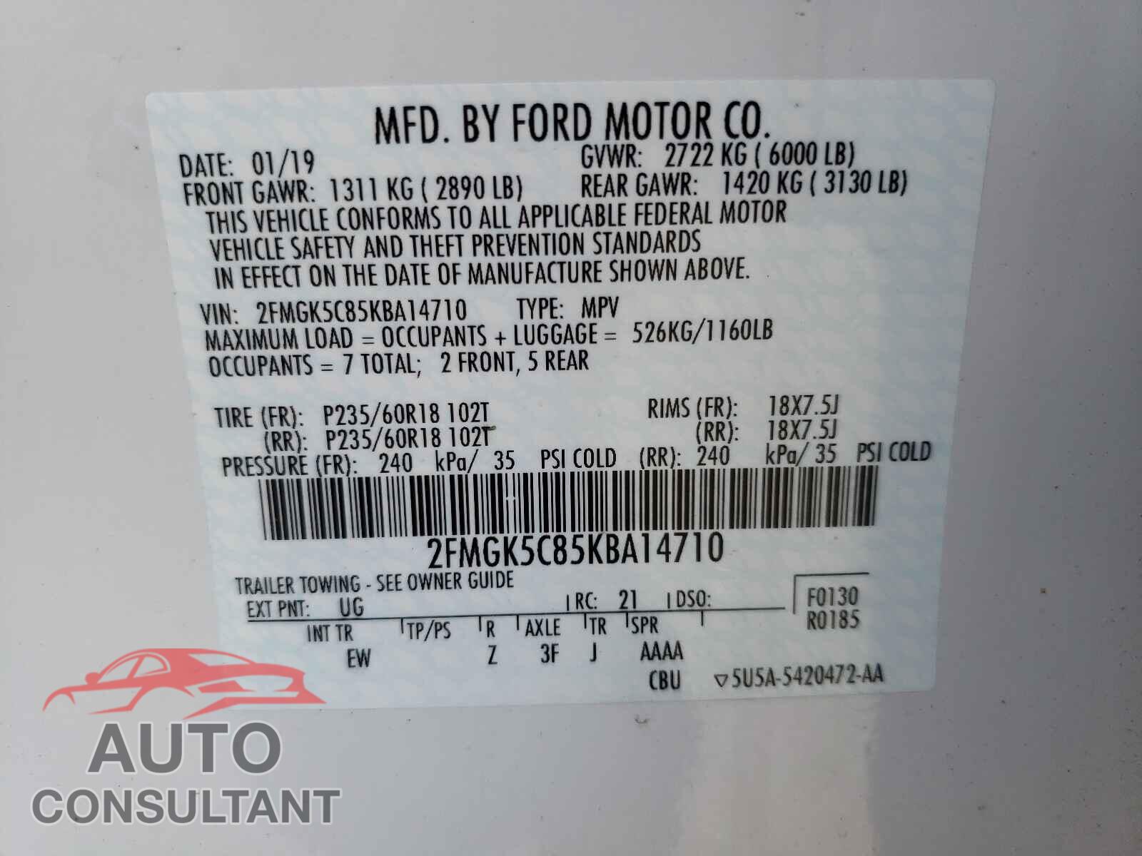 FORD FLEX 2019 - 2FMGK5C85KBA14710
