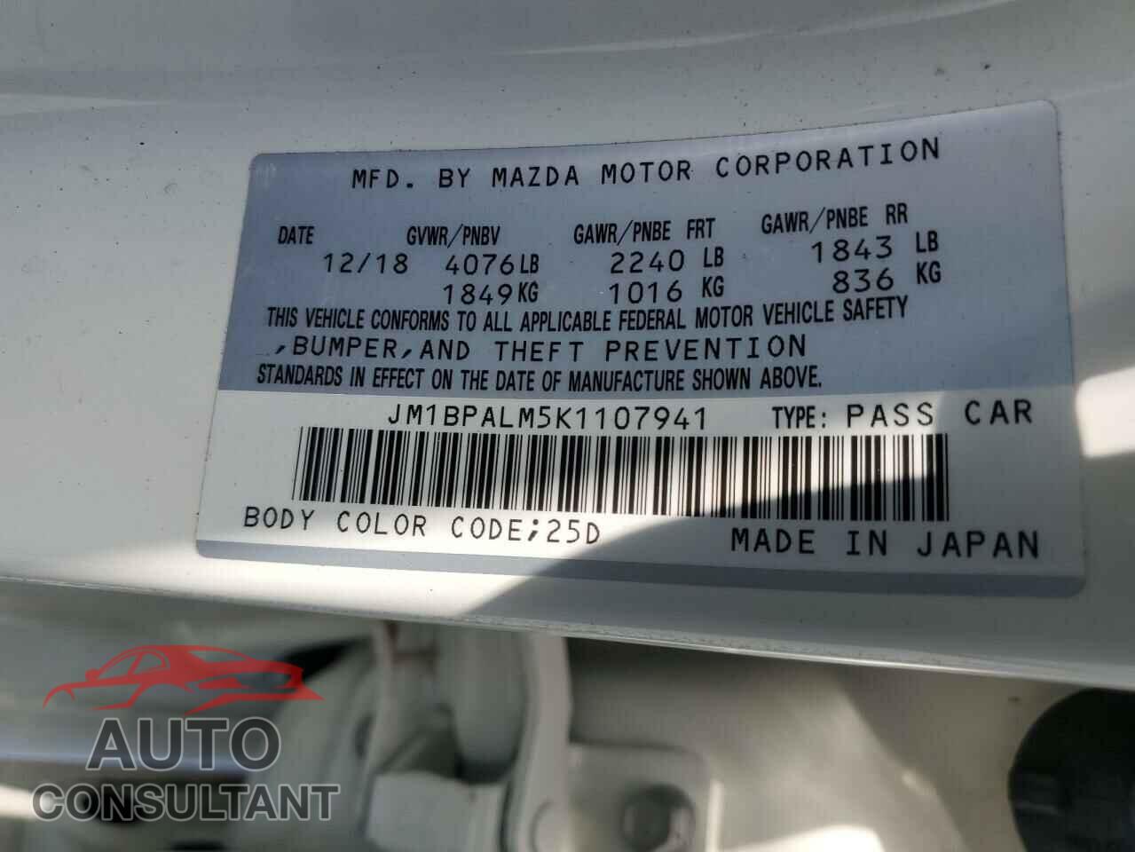MAZDA 3 2019 - JM1BPALM5K1107941