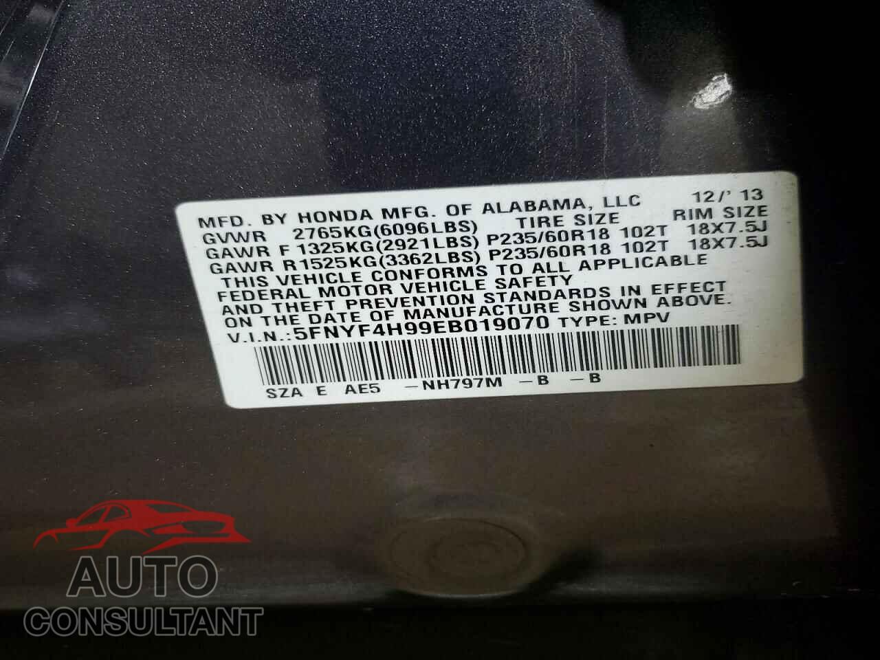 HONDA PILOT 2014 - 5FNYF4H99EB019070