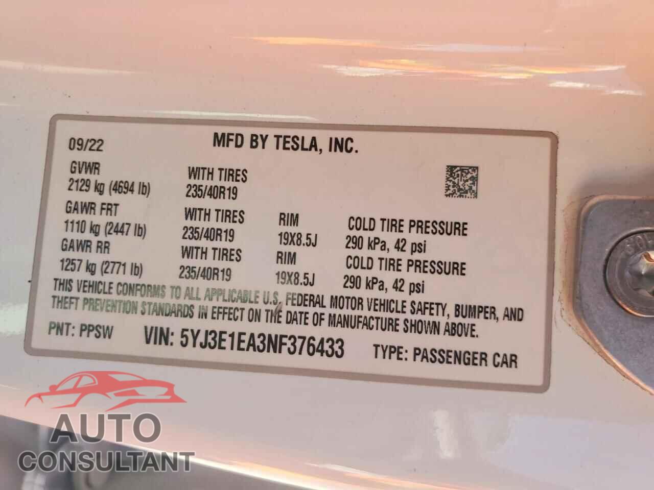 TESLA MODEL 3 2022 - 5YJ3E1EA3NF376433