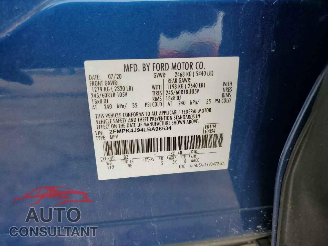 FORD EDGE 2020 - 2FMPK4J94LBA96534