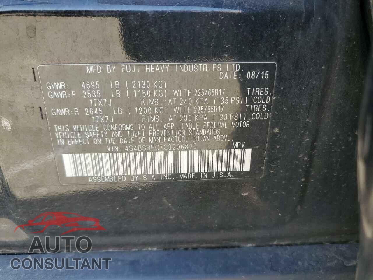 SUBARU OUTBACK 2016 - 4S4BSBFC7G3206825