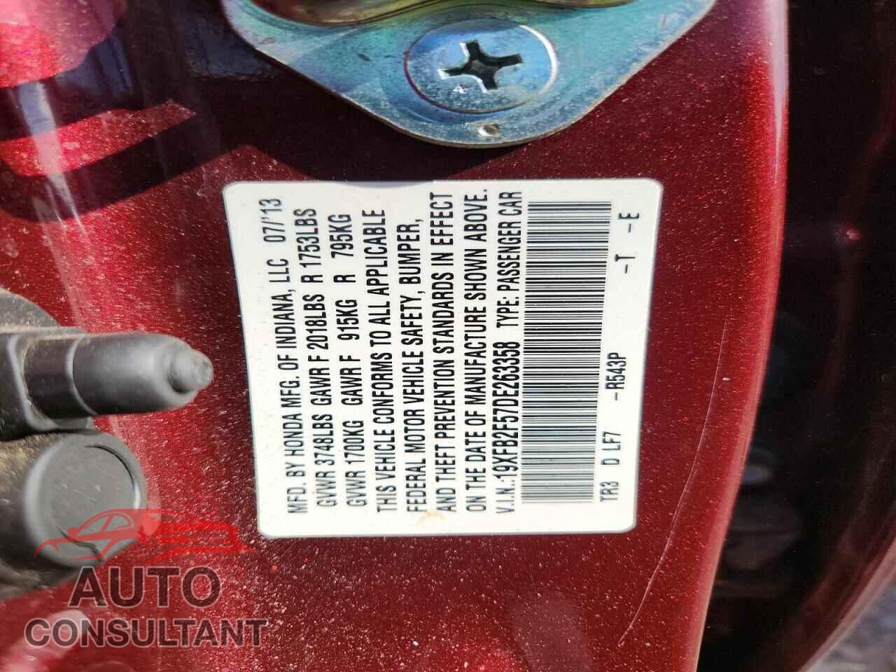 HONDA CIVIC 2013 - 19XFB2F57DE263358