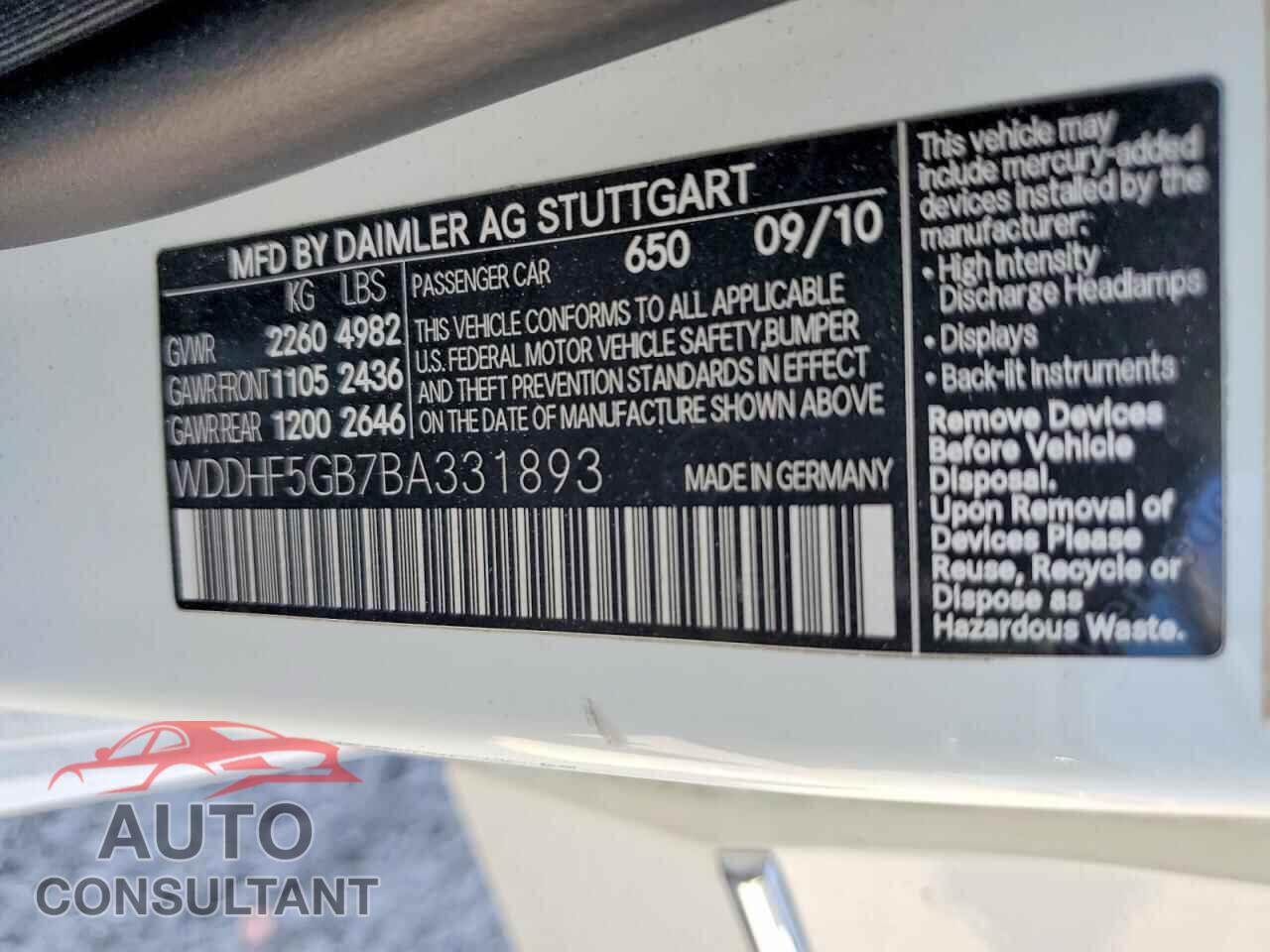 MERCEDES-BENZ E-CLASS 2011 - WDDHF5GB7BA331893
