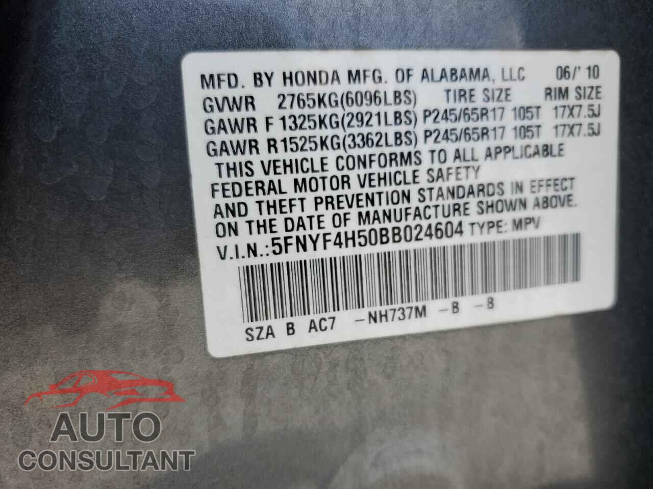 HONDA PILOT 2011 - 5FNYF4H50BB024604