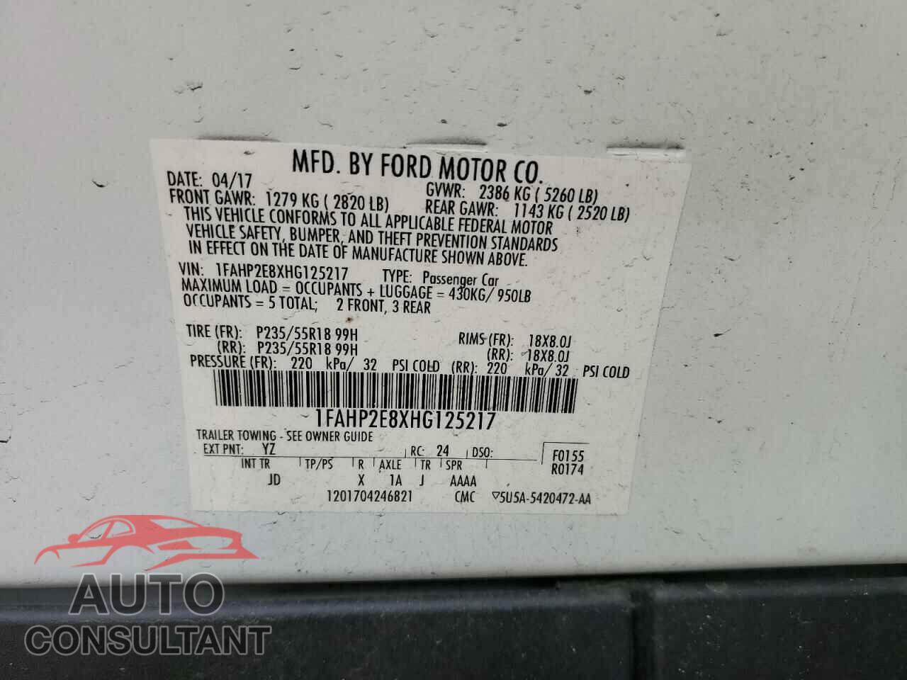 FORD TAURUS 2017 - 1FAHP2E8XHG125217