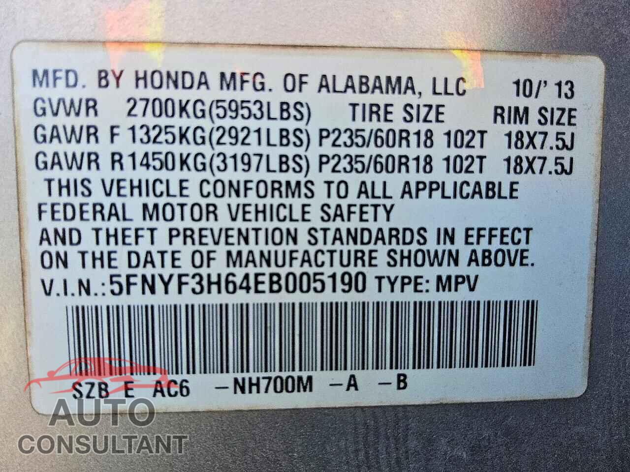 HONDA PILOT 2014 - 5FNYF3H64EB005190