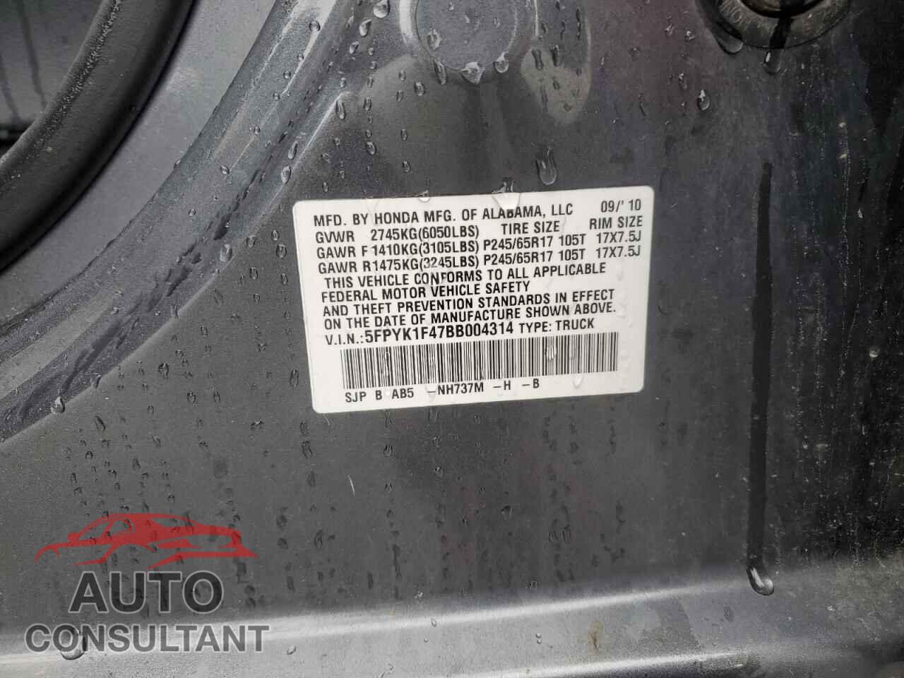 HONDA RIDGELINE 2011 - 5FPYK1F47BB004314