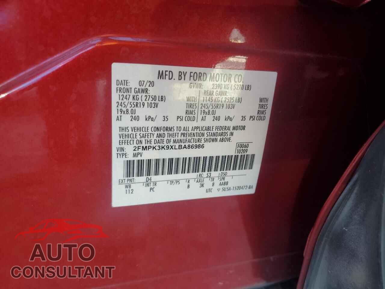 FORD EDGE 2020 - 2FMPK3K9XLBA86986