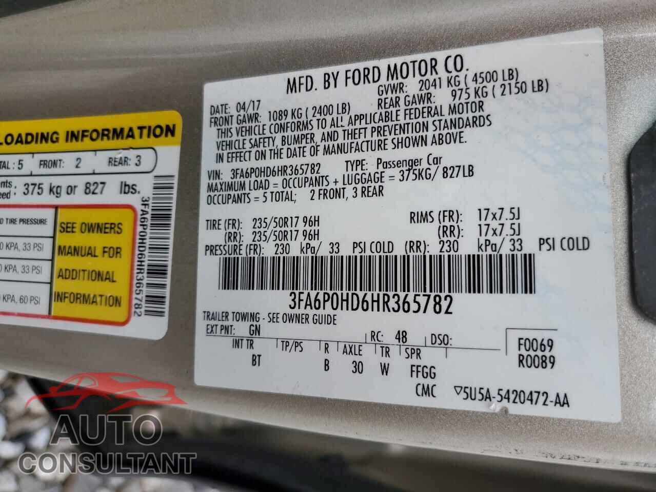 FORD FUSION 2017 - 3FA6P0HD6HR365782