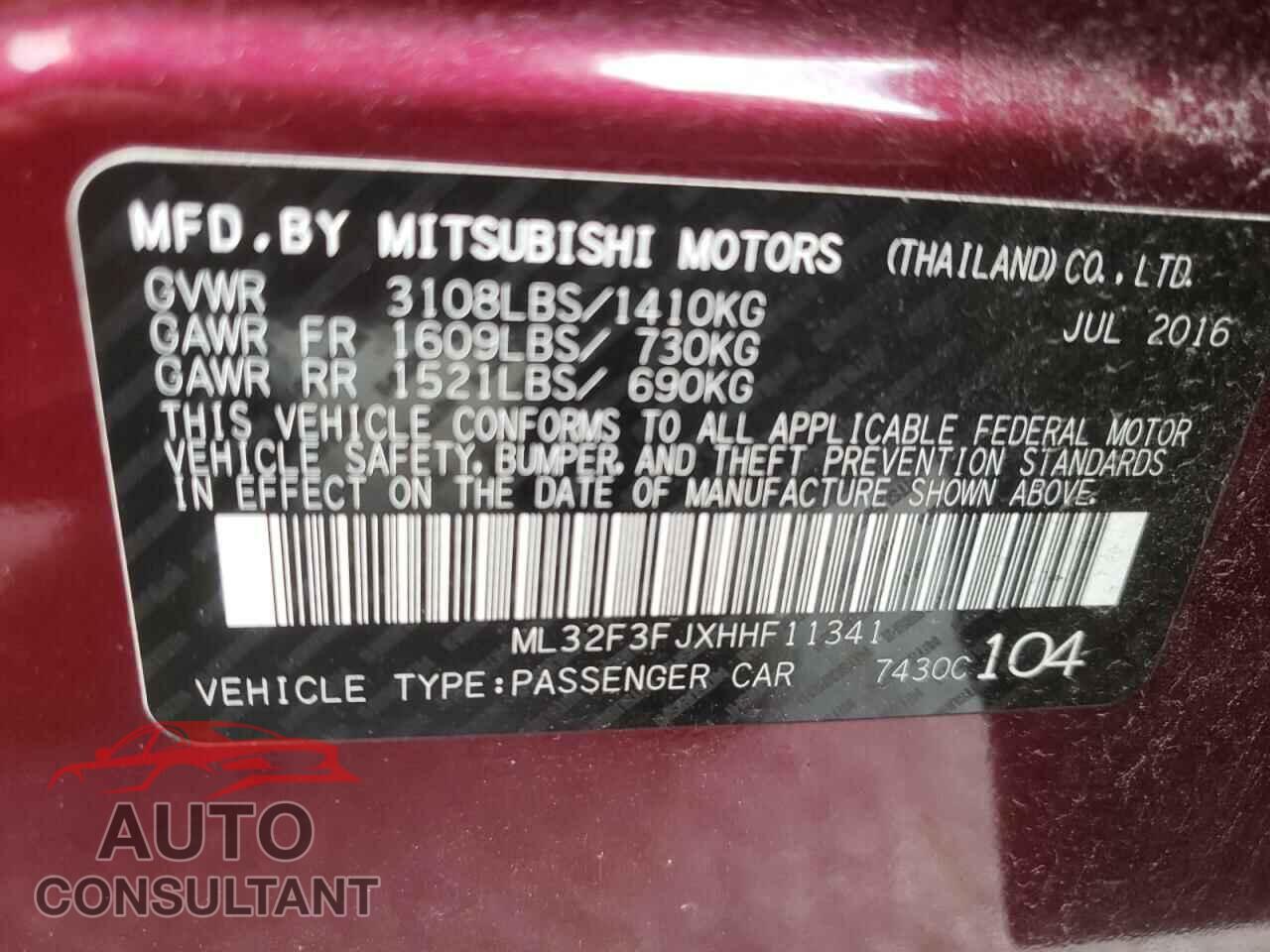 MITSUBISHI MIRAGE 2017 - ML32F3FJXHHF11341
